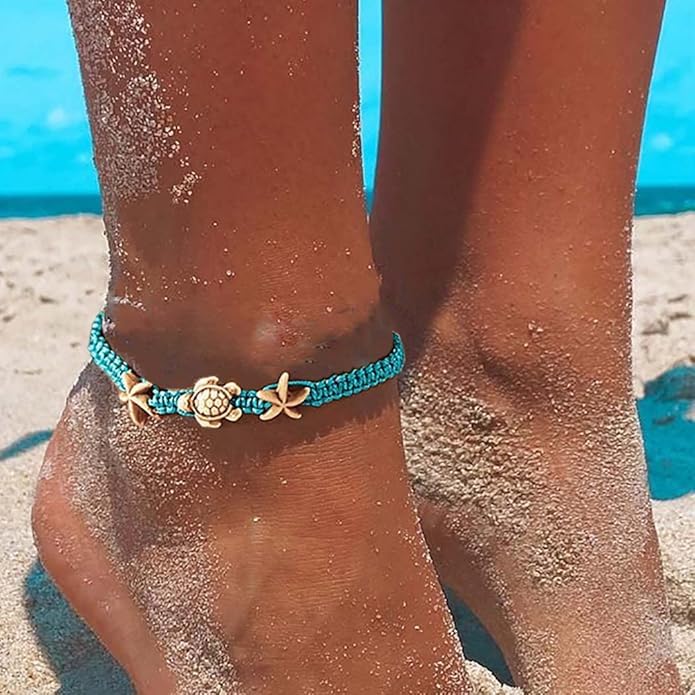 El Regalo One Leg Anklet - Thread Adjustable Beaded Bohemian Fashion Charm Anklets for Women & Girls | 1 Leg Anklets for Girls & Women (1 PC) (Turtle & starfish Beads Anklet)
