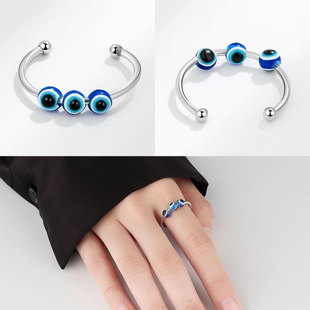 El Regalo 2PCs Eye Catching Fidget Meditation Adjustable Finger Rings for Girls & Women- Retro Blue Evil Eyes Opening Adjustable Rotating Beads Rings