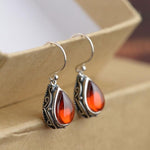 El Regalo Small Vintage Teardrop Earrings for Girls & Women- Elegant Filigree Carved Boho Dangle Earrings, Cut Stone Drop Earrings, Jewelry Gift (Red)