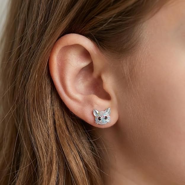 El Regalo Cute Multi-Color Crystal Cat Stud Earrings for Kids/Girls/Women- Silver-Plated Kitten Face Jewellery with Sparkly Rhinestones - Gift for Cat Lovers