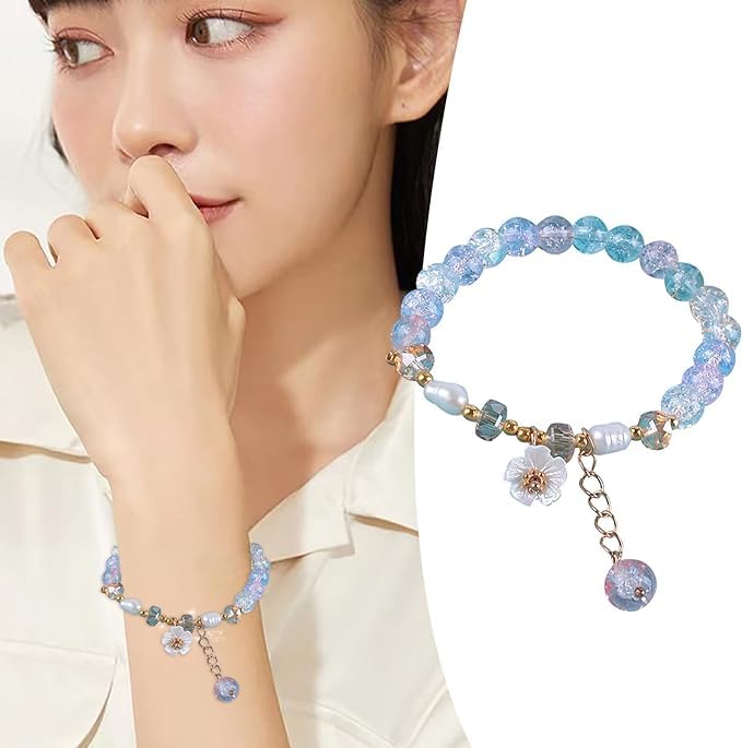 El Regalo Daisy Flower Bracelets- 1PC Crackled Crystal Beads Tassel Flower Charms Bracelet for Girls & Women (Blue)