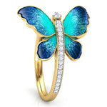 El Regalo Green-Blue Iridescent Enamel Butterfly Ring for Women & Girls - Gold Plated Adjustable Finger Ring with Sparkling CZ Accent