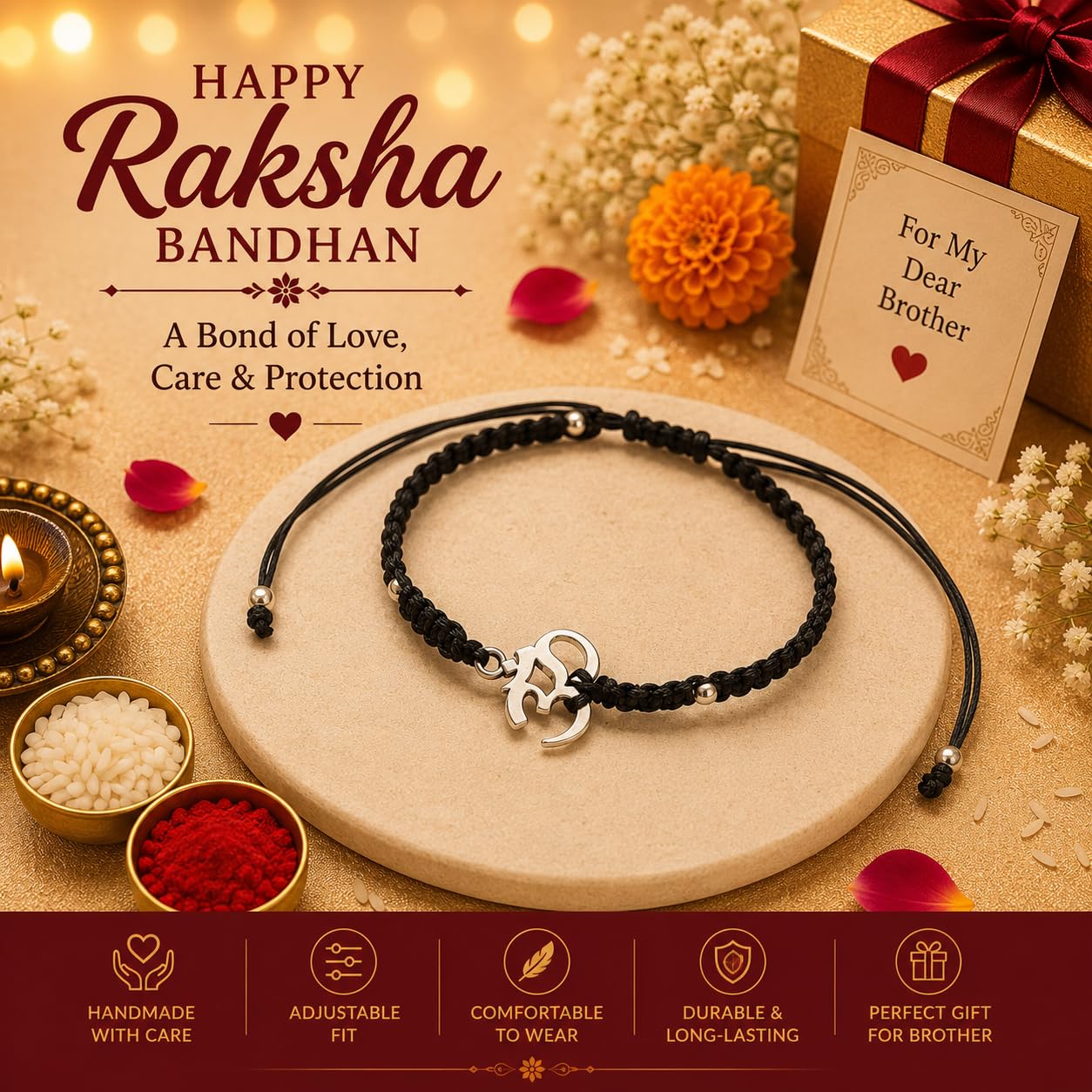 El Regalo Fancy & Traditional AUM/Shell Charm Rakhis for Brother | Elegant Auspicious Bracelet Rakhi for Bhai/Bhaiya with Roli Chawal in Gift Box (Black Aum/OM)