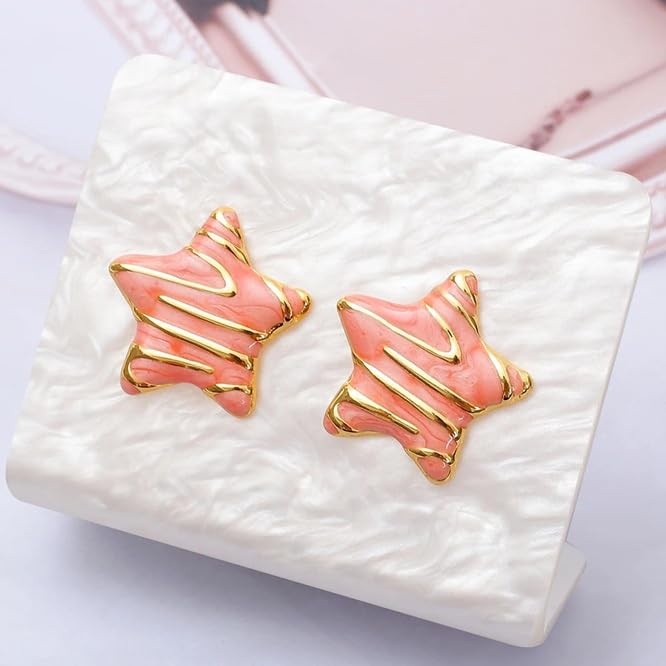 El Regalo Stainless Steel Star Stud Earrings for Girls & Women | Anti-Tarnish Gold Plated Cute Star Shape Enamel Contenporary Fashion Studs Earrings (Peachy Pink)