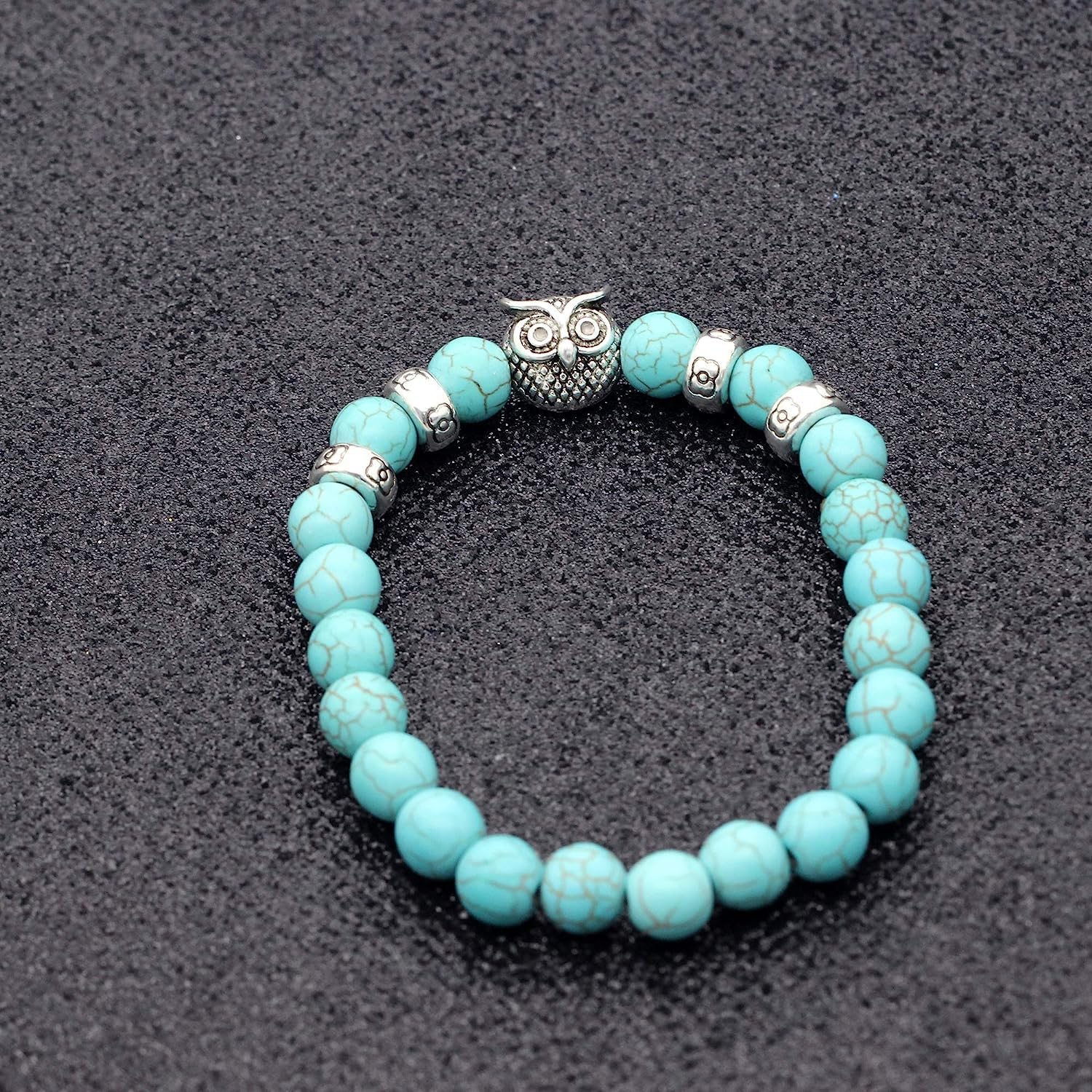 El Regalo 8mm Turquoise Beads Owl Braided Rope Unisex Bracelet for Girls/Boys/Men/Women Bohemian Jewelry Gift