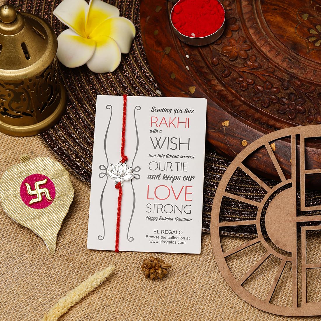 El Regalo 1PC Simple Lotus Flower Rakhi for Brother- Minimalist Lotus Thread Rakhi with Roli Chawal, Rakhi Message Card in Rakhi Gift Box (Option-1)