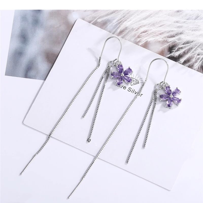 El Regalo 925 Silver Plated Flower Threader Earrings- Needle Threader Long Tassel Earrings for Girls & Women (Purple Flower)