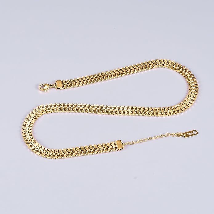 El Regalo Titanium Stainless Steel Flat Cuban Chain Link Braided Choker Chain Necklace for Women Teen- Gold Anti Tarnish Chunky Snake Choker Elegant Jewelry