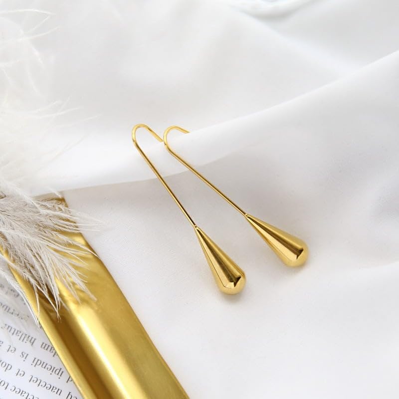 El Regalo Womens Luxury Stainless Steel Water Drop/Tear Drop Minimalist Earrings- Elegant Anti Tarnish Thread Western Earrings (Gold)