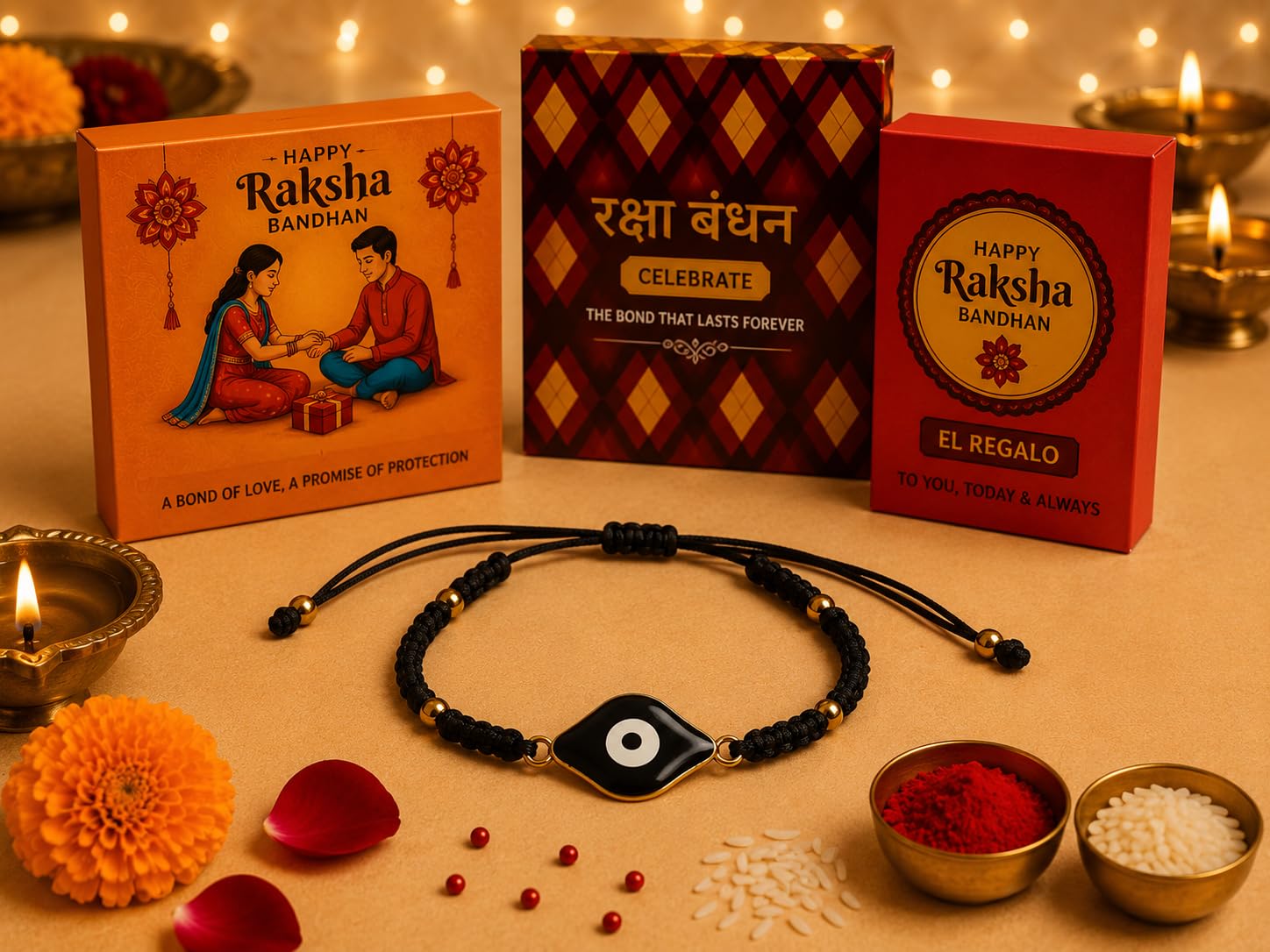 El Regalo Evil Eye Bracelet Rakhi for Brother with Roli Chawal in Gift Box (Black)