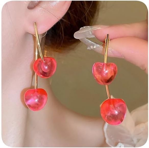 El Regalo Cute Double Cherry Front Back Jacket Earrings for Girls & Women | Glossy Fruit Design Gold-Tone Earrings | Fashion Statement Dangle Earrings for Party & Casual Wear (Translucent Candy Pink)