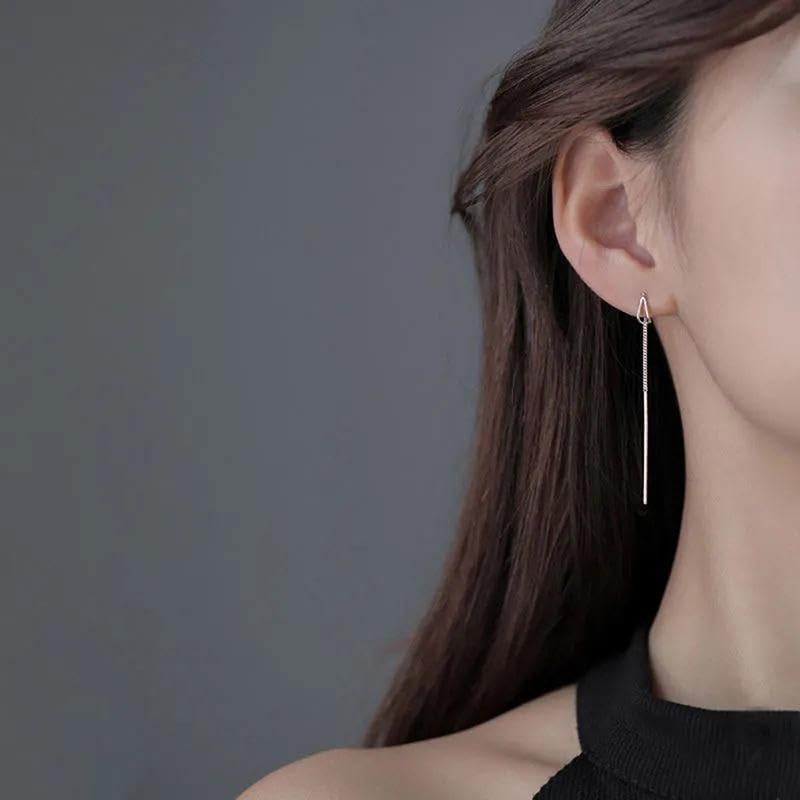 El Regalo Minimalist Threader Earrings for Women | Long Chain Drop Dangle Earrings | Elegant Pull Through Ear Thread Earrings | Sui Dhaga Tassel Threaders (Silver Drop Threader)