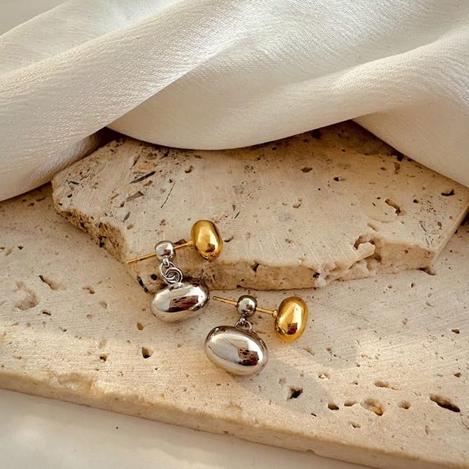 El Regalo Tiny Two Tone Teardrop Stud Earrings for Girls & Women- 2-in-1 Gold Silver Front Back Oval Bean Dangle Earrings