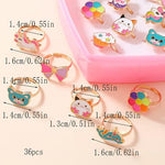El Regalo 36 Pcs Adjustable Enamel Kids Rings - Unicorn, Rainbow, Strawberry, Flowers & More | No-Duplicate Dress-Up Jewelry Box for 4-12 Year Old Girls - Birthday, Christmas, Valentines (Style-2)