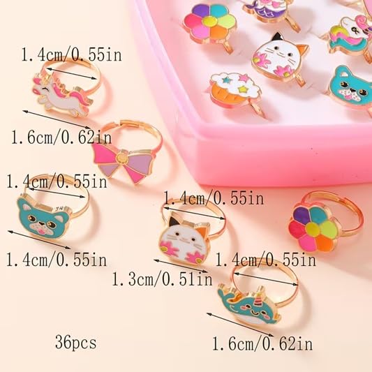 El Regalo 36 Pcs Adjustable Enamel Kids Rings - Unicorn, Rainbow, Strawberry, Flowers & More | No-Duplicate Dress-Up Jewelry Box for 4-12 Year Old Girls - Birthday, Christmas, Valentines (Style-2)