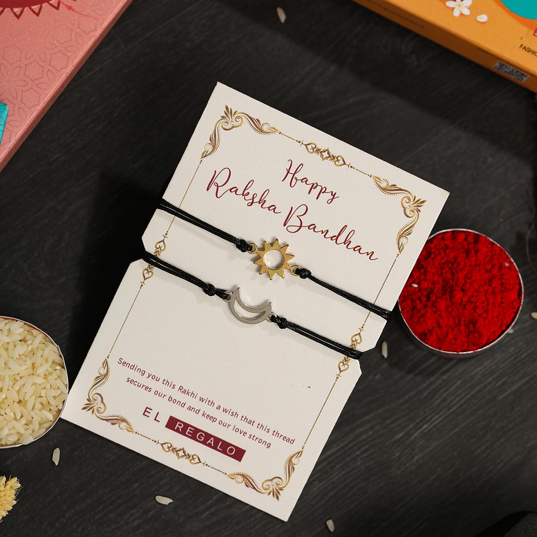 El Regalo 2PCs Sun Moon Adjustable Rakhis for Brother- Simple & Elegant 2 Rakhis with Roli Chawal, Message Card in Rakhi Box for Bhaiya-bhabhi