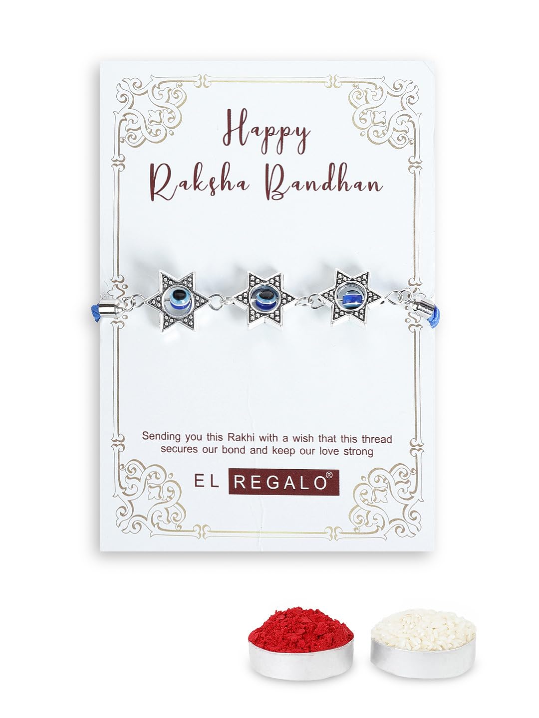 El Regalo 2PCs Designer Stars Evil Eye Rakhi Combo Set for Bhaiya-Bhabhi/Niece or Nephew with Roli Chawal in Rakhi Gift Box