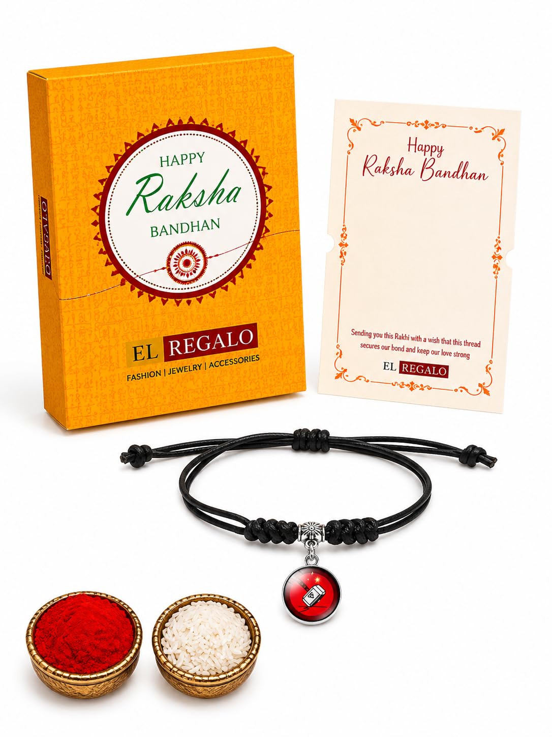 El Regalo 1PC Superhero Kids Rakhi- Fun Kids Bracelet Rakhi with Roli Chawal, Rakhi Message Card in Rakhi Gift Box for Little Bro/Sister/Niece or Nephew (Thor Black Rakhi)