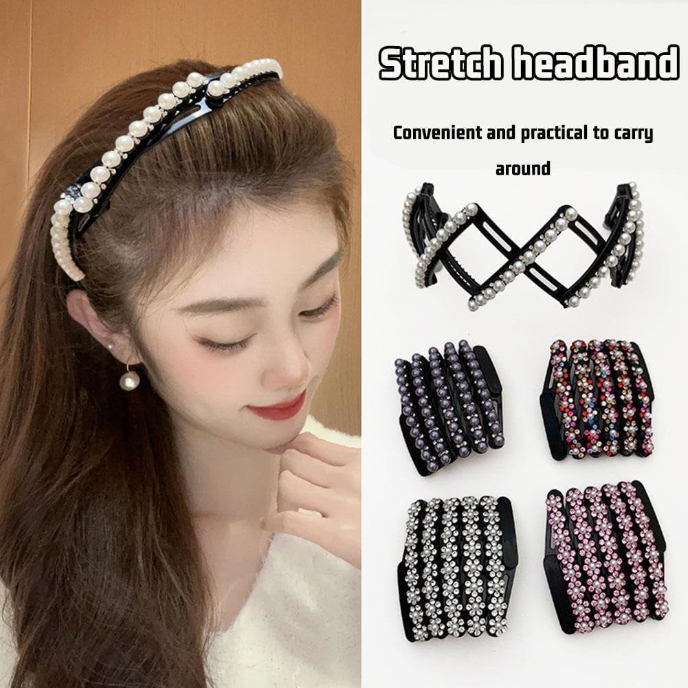 El Regalo Stretchable Foldable Pearl Headband for Women & Girls - Elegant Anti-Slip Hairband for Long & Short Hair, Portable Retractable Hair Accessory for Travel & Everyday Wear (Grey, One Size)