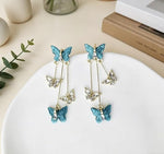El Regalo Cute 3D Crystal Butterfly Tassel Earrings for Women & Girls | 18K Gold Plated Long Hanging Drop Linear Earrings | Elegant Korean Aesthetic Western Party Jewelry (Blue)