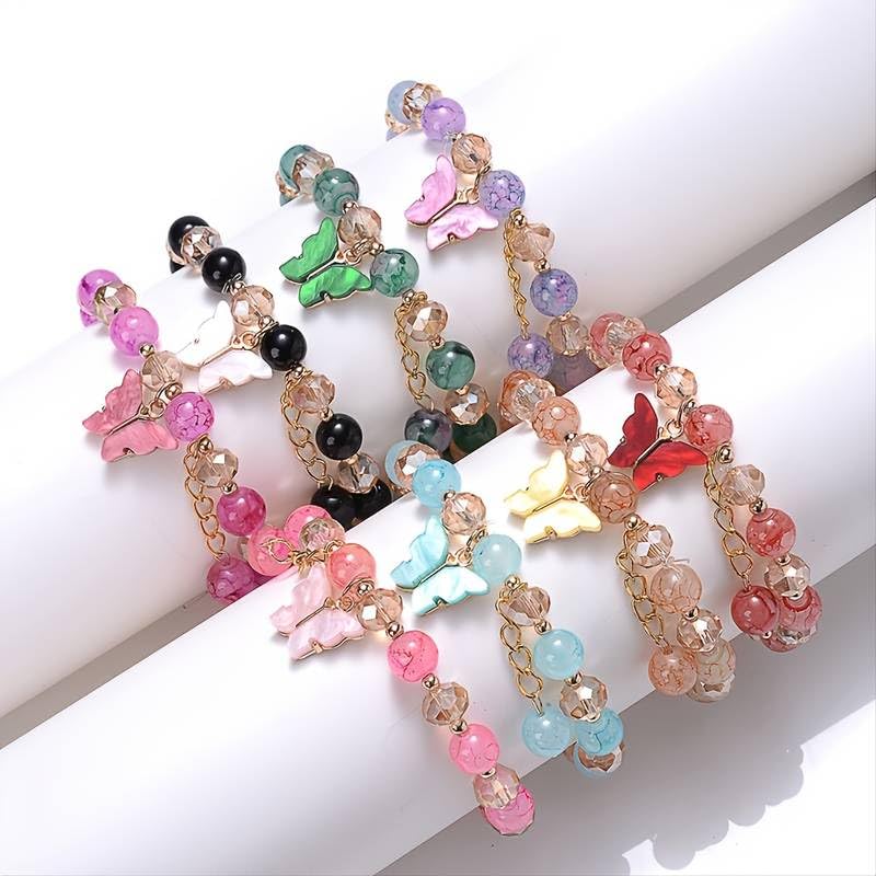 El Regalo 1 PC Butterfly Sparkly Crystal Beads Tassel Bracelet With Cute Enamel Butterfly Charms for Girls/Teens/Women (Green)