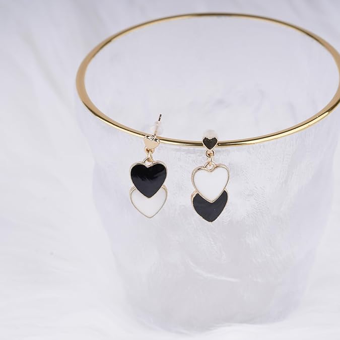 El Regalo 1 Pair Double Love Heart Drop Earrings- Valentine's Day Gift- Two Tone Oil Drop Heart Dangle Earrings for Girls & Women (Black + White)