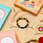 El Regalo 1 PC Natural Stones AD King Crown Rakhi for Brother/Bhai- Designer Handcrafted Natural Stones Rakhi with Roli-Chawal Shagun, Rakhi Message Card in Rakhi Gift Box (Brown & Golden)