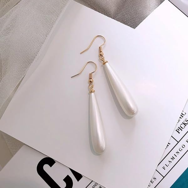 El Regalo Elegant Long Pearl Drop Earrings for Women & Girls | Minimalist White Teardrop Pearl Dangle Earrings | Korean Style Party Earrings | Fashion Jewellery