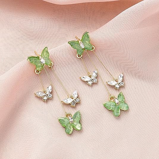 El Regalo Cute 3D Crystal Butterfly Tassel Earrings for Women & Girls | 18K Gold Plated Long Hanging Drop Linear Earrings | Elegant Korean Aesthetic Western Party Jewelry (Green)