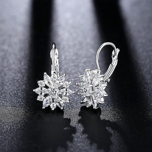 El Regalo Elegant Cubic Zirconia Snowflake Flower Earrings for Women & Girls- Shiny Silver Plated Crystal Flower Leverback Earrings