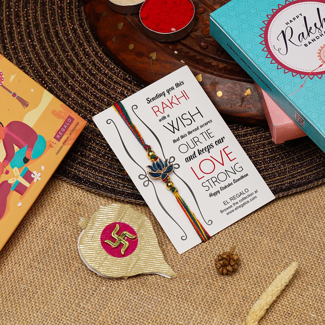 El Regalo 1PC Simple Lotus Flower Rakhi for Brother- Minimalist Lotus Thread Rakhi with Roli Chawal, Rakhi Message Card in Rakhi Gift Box (Option-2)