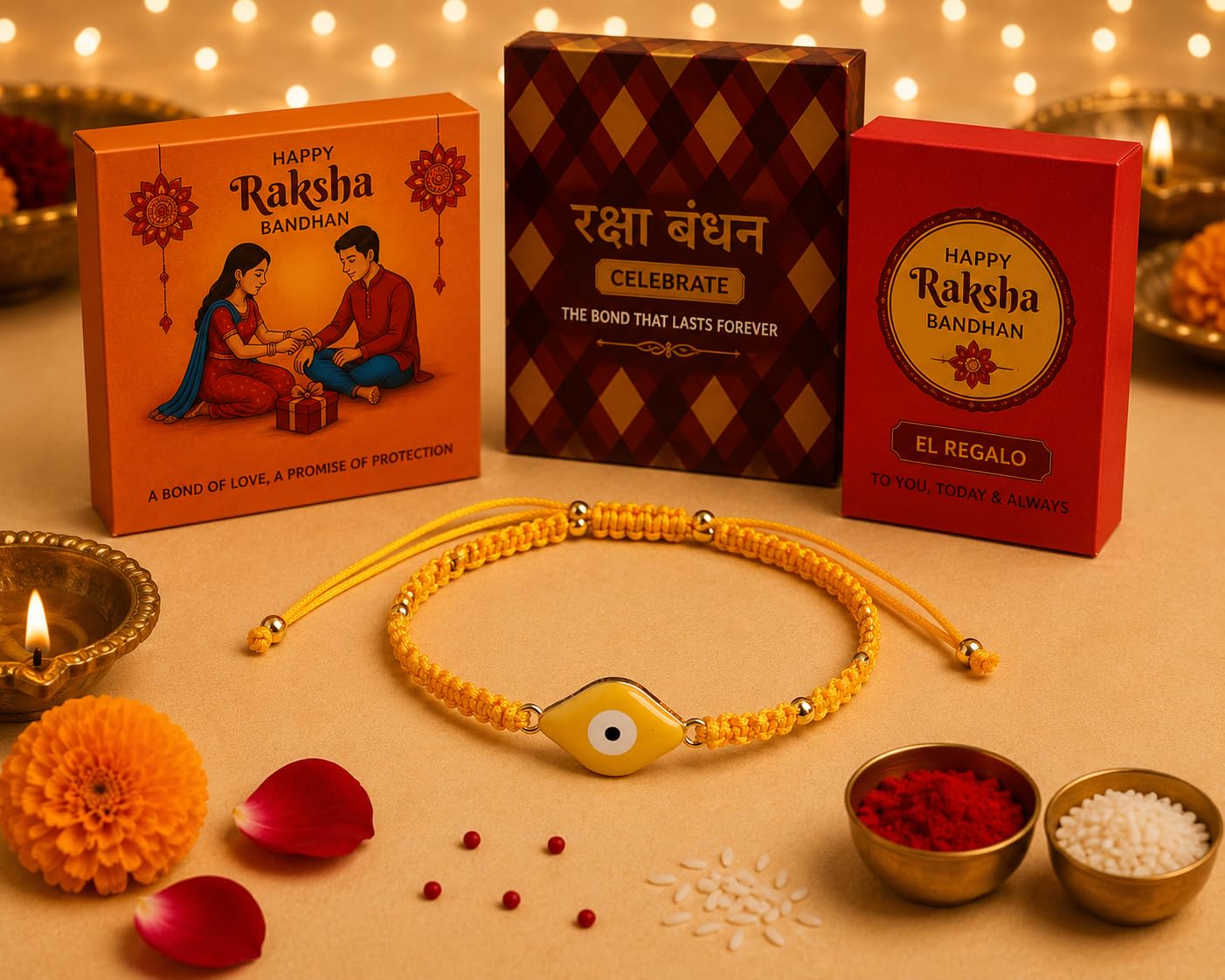 El Regalo Evil Eye Bracelet Rakhi for Brother with Roli Chawal in Gift Box (Yellow)
