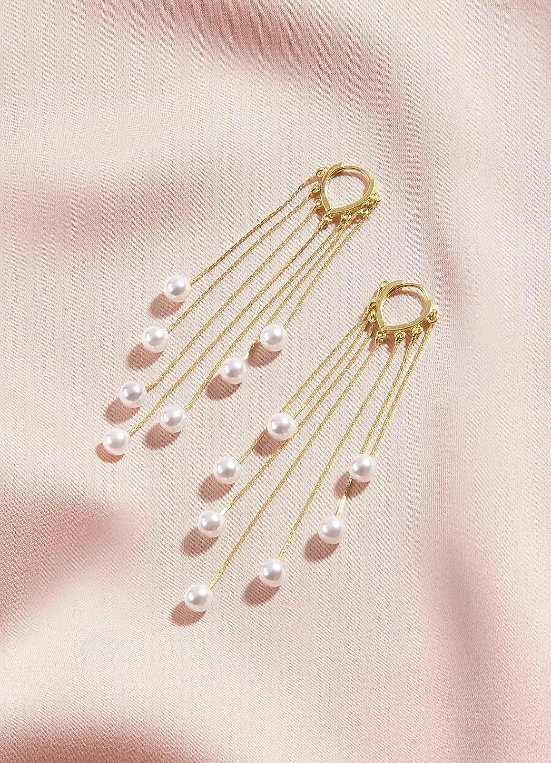 El Regalo Elegant Pearls Tassel Hoop Earring- Long Pearls Dangle Statement Party Hoop Earrings for Women & Girls