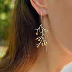 El Regalo 1 Pair Uniquely Handcrafted Tree Branch Dangle Earring for Women/Girls- Dual Tone Gold & Silver Statement Earrings with Blossoming Golden Buds