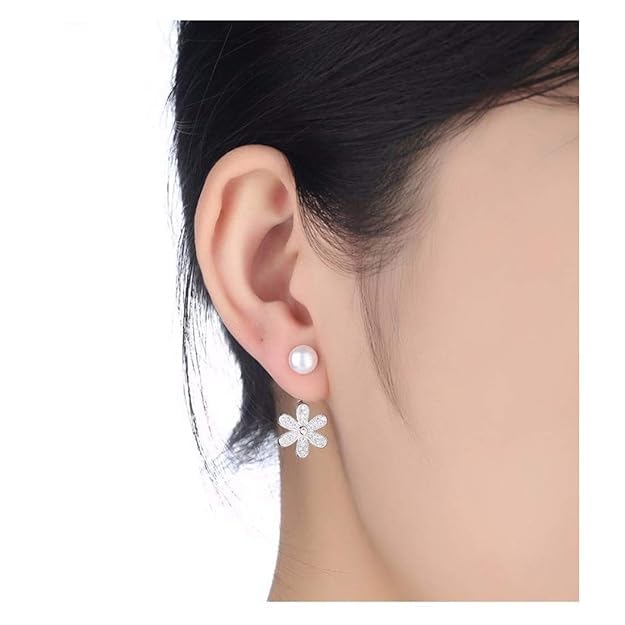 El Regalo Tiny Front Back Flower Pearl Earrings for Women | Premium Silver Plated CZ Studded Cute Jacket Earrings | 2-in-1 Versatile Minimalist Korean Style Earrings