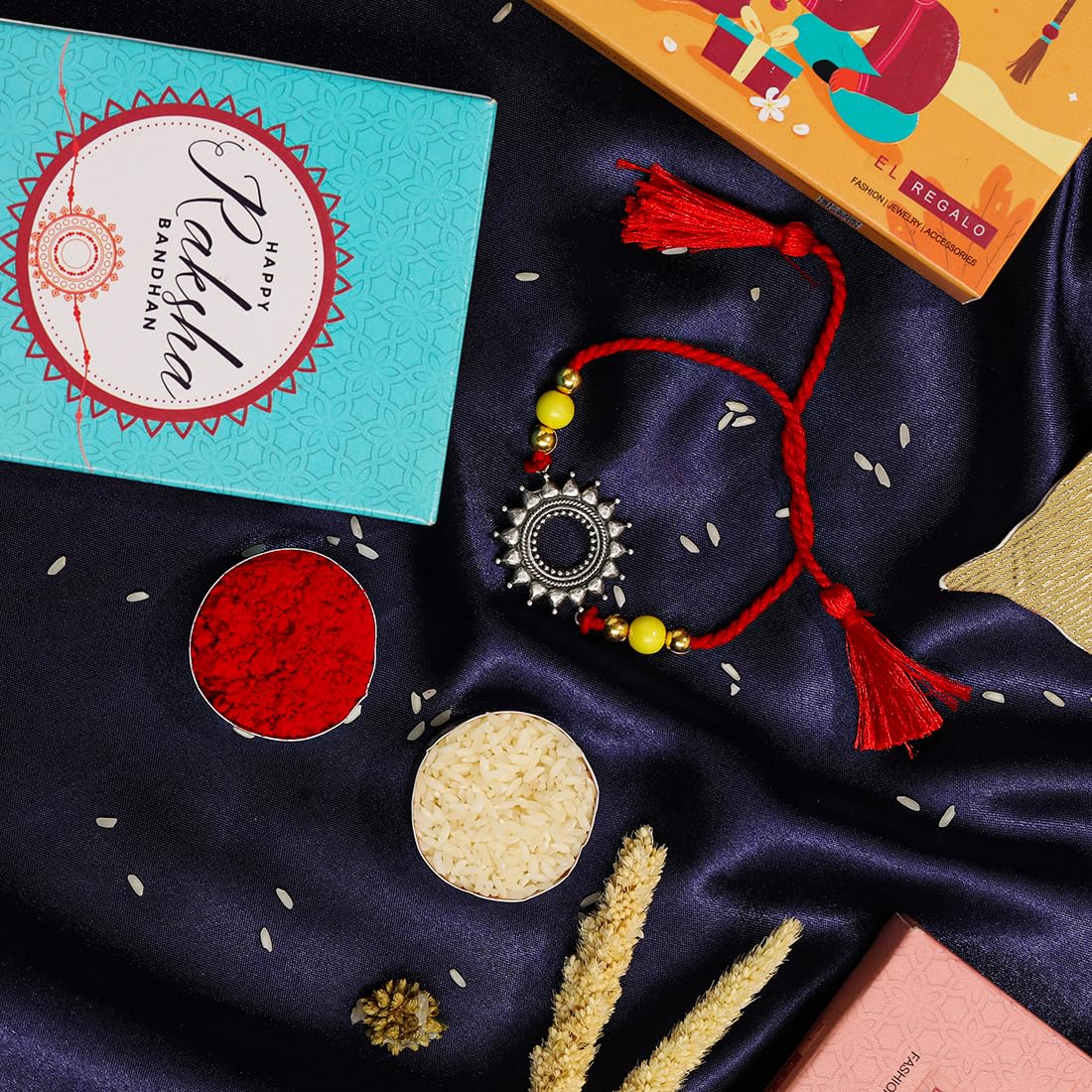 El Regalo 1PC Designer Red Thread Antique Stone Rakhi for Brother- Minimalist Antique Charm Rakhi with Roli Chawal, Rakhi Message Card in Rakhi Gift Box (Red Green)