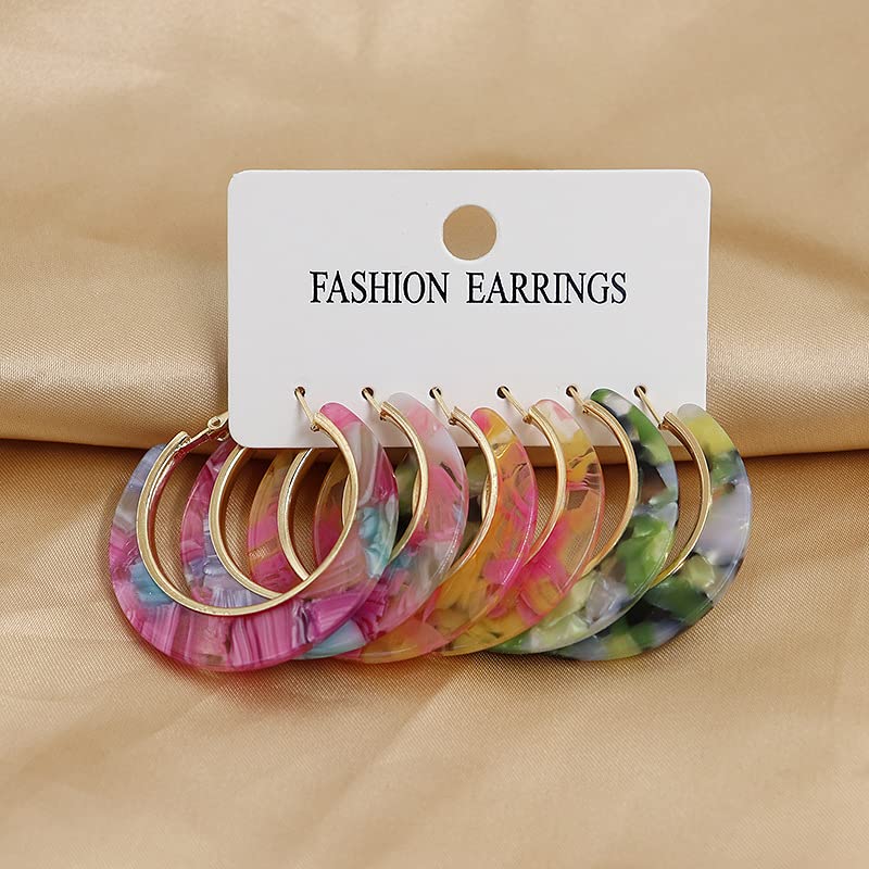 El Regalo 3 Pairs Acrylic Hoop Earrings for Women & Girls - Lightweight Colorful Resin Hoops Set - Boho Fashion Jewelry for Western & Casual Wear - Pack of 3 (Geometric C-Shape) (Option-2)