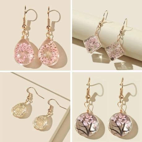 El Regalo Womens Handmade Glass Dried Flowers Gypsophila Earrings(Life Tree)- Beautiful Real Dried Flowers Pressed Drop Earrings (Pink Drop)