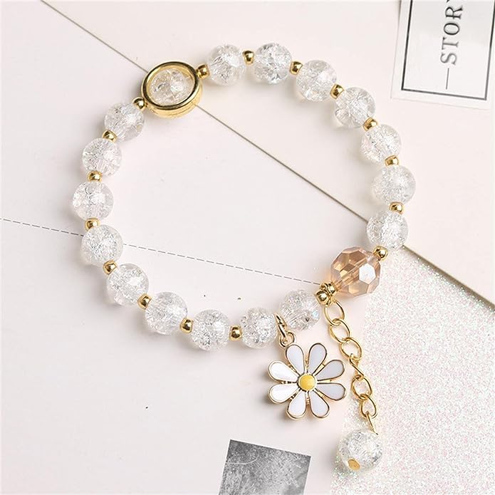 El Regalo 1 PC Dailsy Flower Sparkly Crystal Beads Tassel Bracelet for Girls/Teens/Women- Cute Crackle Beads Daisy Flower Stretch Bracelet (White)