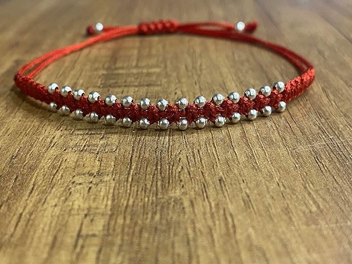 El Regalo Womens 2 Pcs Handmade Beaded Nazaria/Nazar Bracelet Cum Anklet Set- Black & Red Thread Anklet/Bracelet Set (Red Silver)