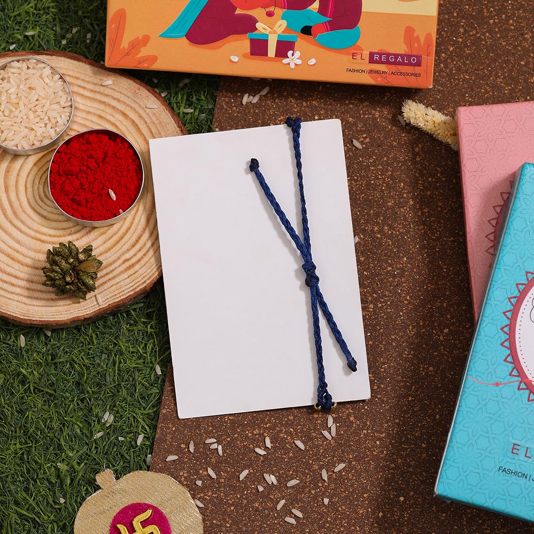 El Regalo 1PC Chakra Rakhi for Brother- Designer Chakra Reiki Healing Symbols Hand Braided Rakhi with shagun, Rakhi Card in Gift Box for Bhaiya/Bhabhi/Niece/Nephew (Throat Chakra)