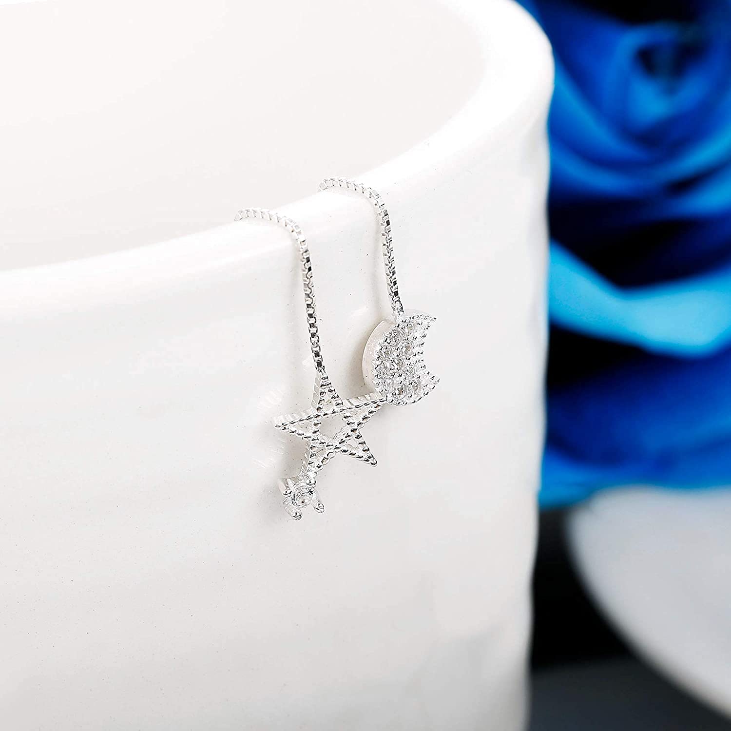 El Regalo 925 Silver Plated Minimalist Long Thin Linear CZ Elegant Threader Dangle Chain Earrings for Girls & Women (Moon Sun Threaders)