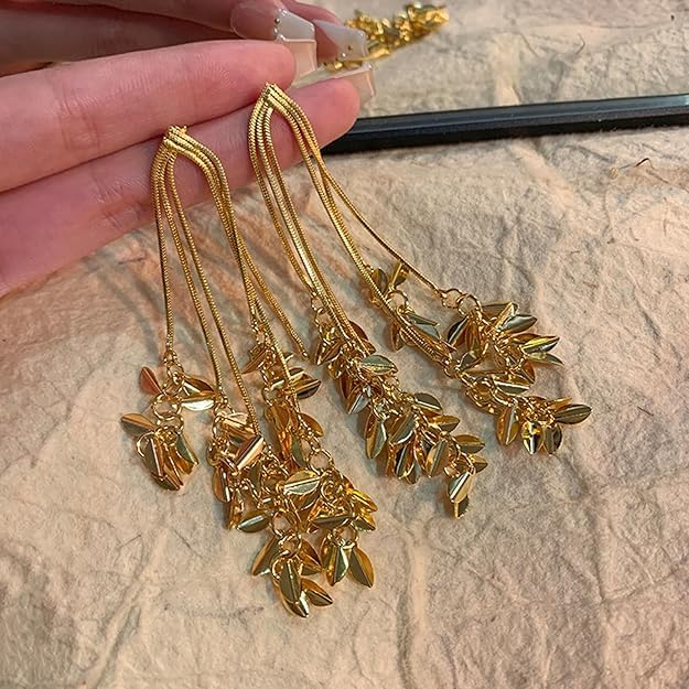 El Regalo Gold Plated Tassel Leaves Drop Earrings for Women & Girls | Long Statement Dangle Earrings | Elegant Western & Festive Jewelry