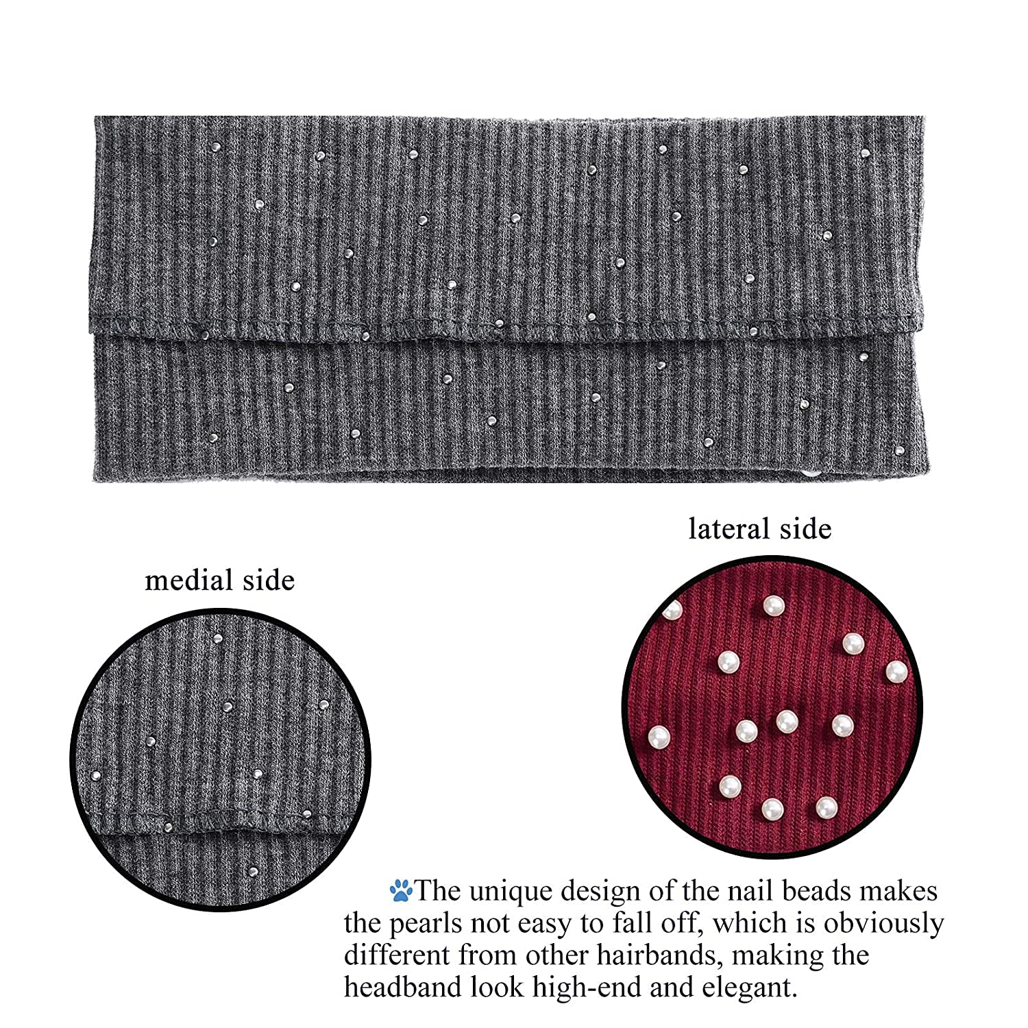 El Regalo 2 PCs Elastic Knit Ear Warmers with Pearls for Girls & Women | Winter Hair Band for Women Head Wraps (Grey & Black)