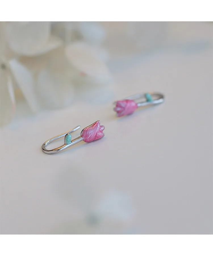 El Regalo Cute Tiny Pink Tulip Flower Bud Earrings for Girls & Women- Enameled Tulip Crawler Climber Earrings