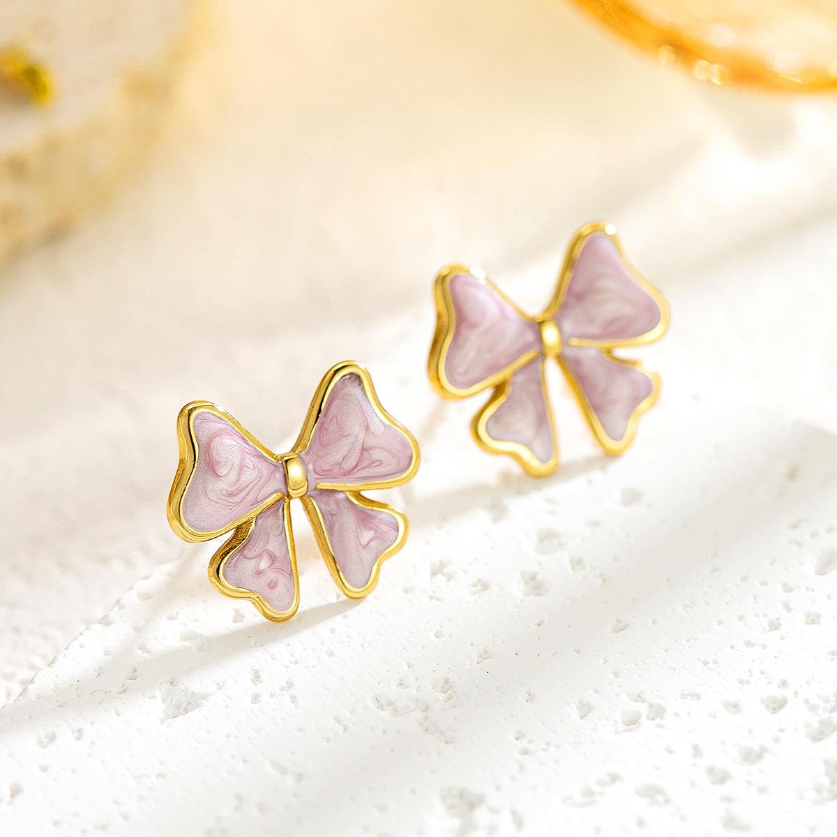 El Regalo 1Pair Stainless Steel Anti-Tarnish Pink Enamel Earrings for Girls & Women | Trendy & Cute Leaf, Bow, Ribbon, Strawberry & Butterfly Stud Earrings (Bow stud)