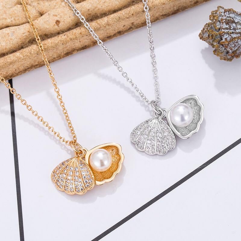El Regalo Stainless Steel Anti Tarnish Pearl shell Pendant Necklace for Girls & Women, Trendy Waterproof Pearl Shell Pendant Necklace for Teens/Girls/Women, Mermaid Jewelry (Silver)