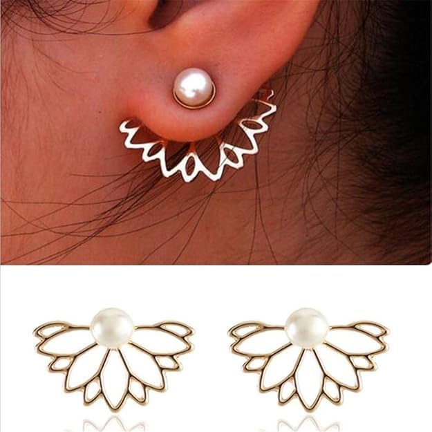 El Regalo Lotus Flower Pearl Ear Jacket Earrings for Women & Girls - Front Back Double-Sided Hollow Lotus Flower Stud Earrings - Elegant Ear Cuffs with Pearl Design - 2 Wearing Styles (Gold)