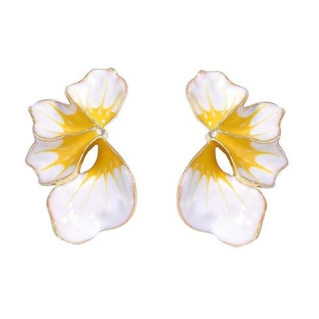 El Regalo Big Floral Statement Earrings for Women | White Yellow Oil Drip Enamel Flower Earrings | Irregular Petal Leaf Design | Bold Fashion Earrings for Party, Vacation & Western look