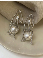 El Regalo Exaggerated Irregular Pearl Statement Earrings- Striking European Design, Lightweight Leaf Pattern Earrings with Dangling Pearls